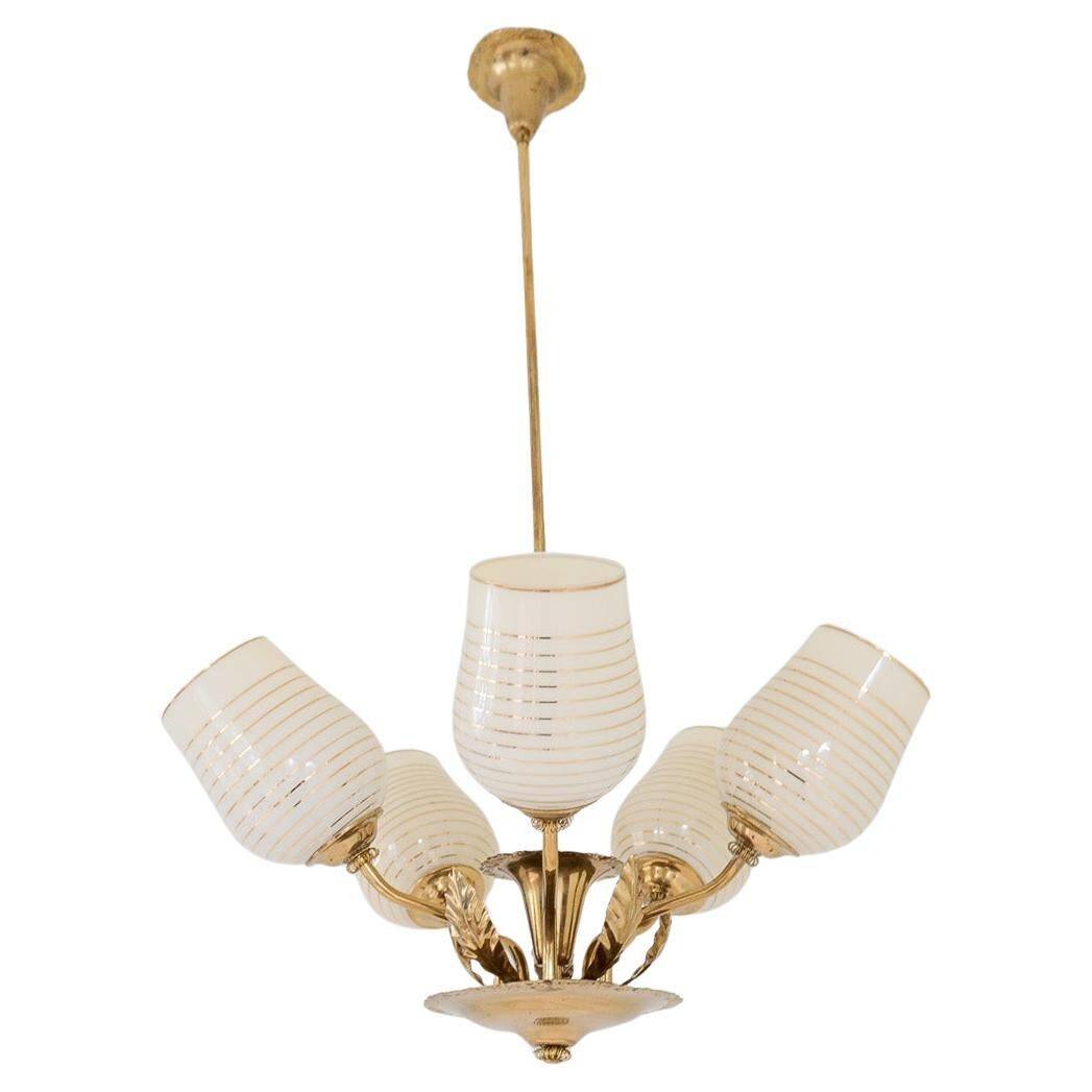 Mid-century brass and glass pendant light by Sario, Finland, 1950s.