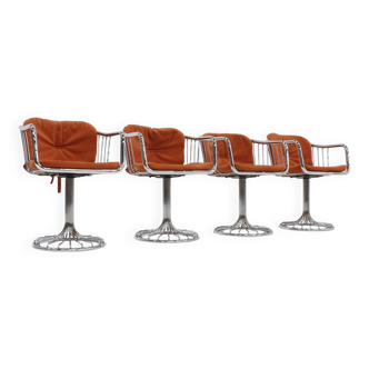 Set of 4 vintage chrome swivel dining room chairs 1970s