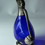 Silver plated metal and glass wine decanter in the shape of a duck, vintage from the 70s