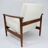 Fauteuil vintage original restauré poil de bras, designer E. Homma, années 1960, blanc bouclé