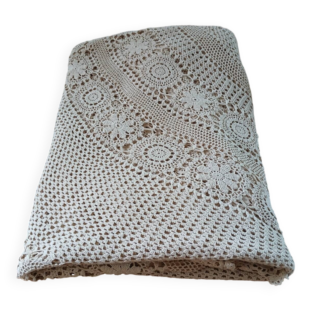 Nappe Ancienne En Lin Hans - Carrée 126x126 Cm - Brodée Main - Multicouleur - Très Bon État