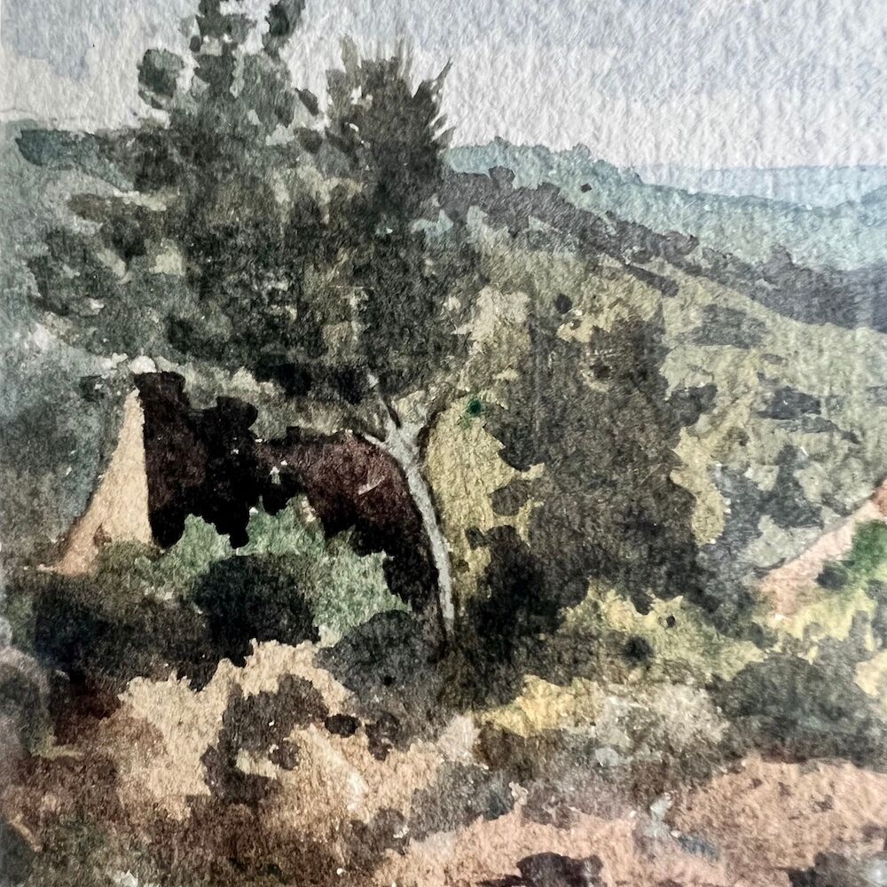 Watercolor framed countryside landscape