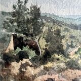 Watercolor framed countryside landscape