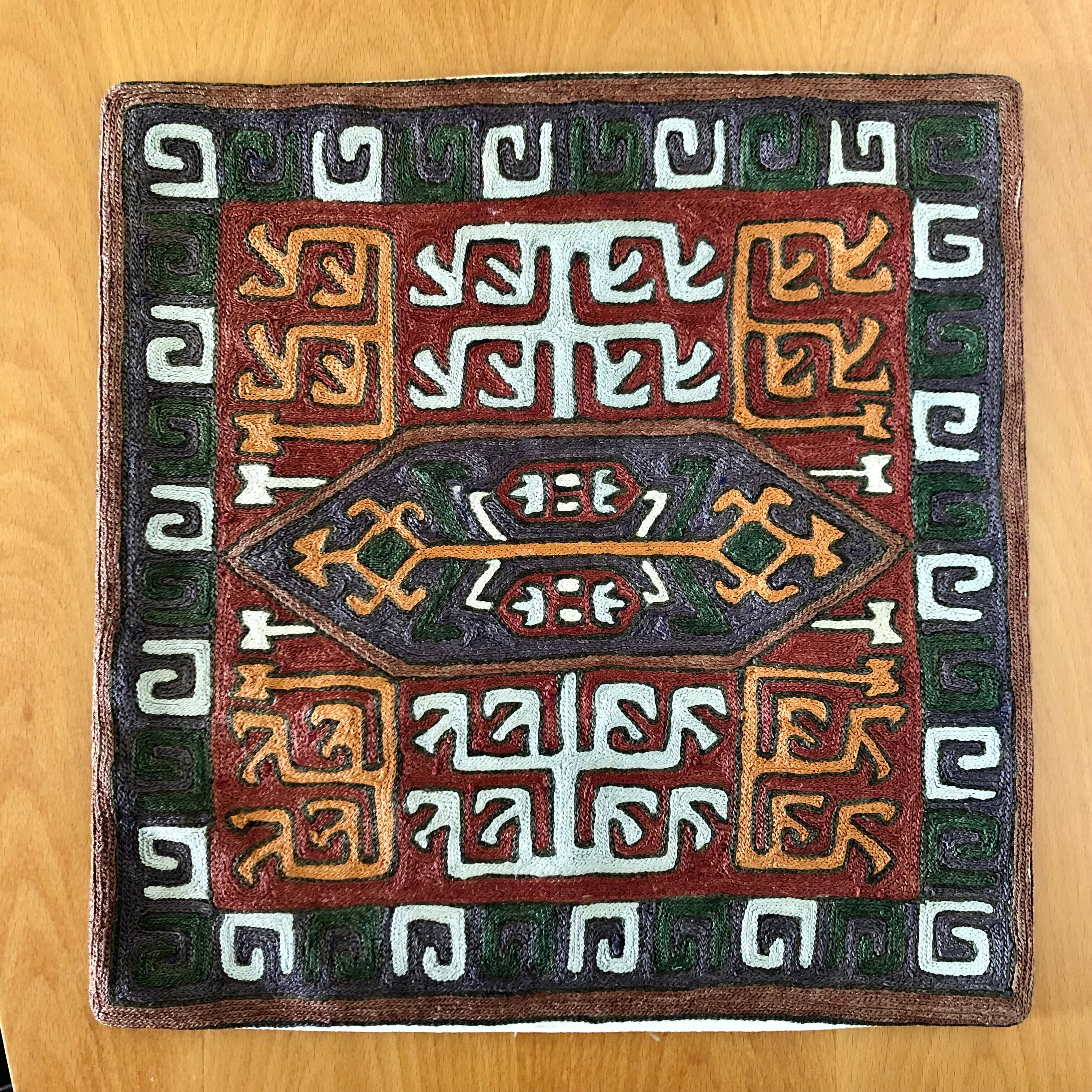 Embroidered cushion cover in silk and cotton