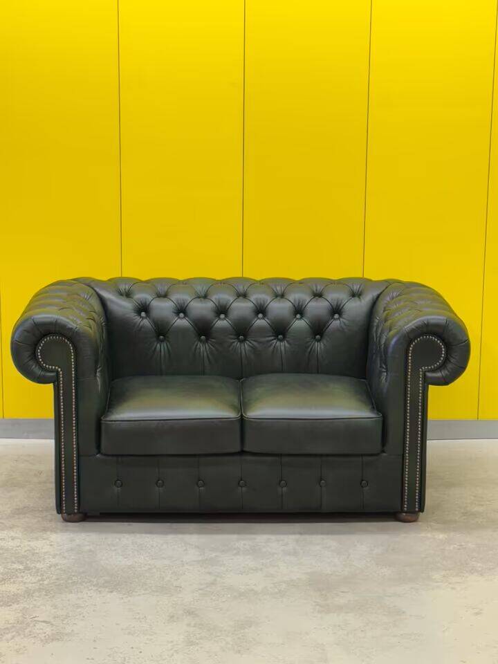 Vintage Green Leather Chesterfield Sofa: Two Seater