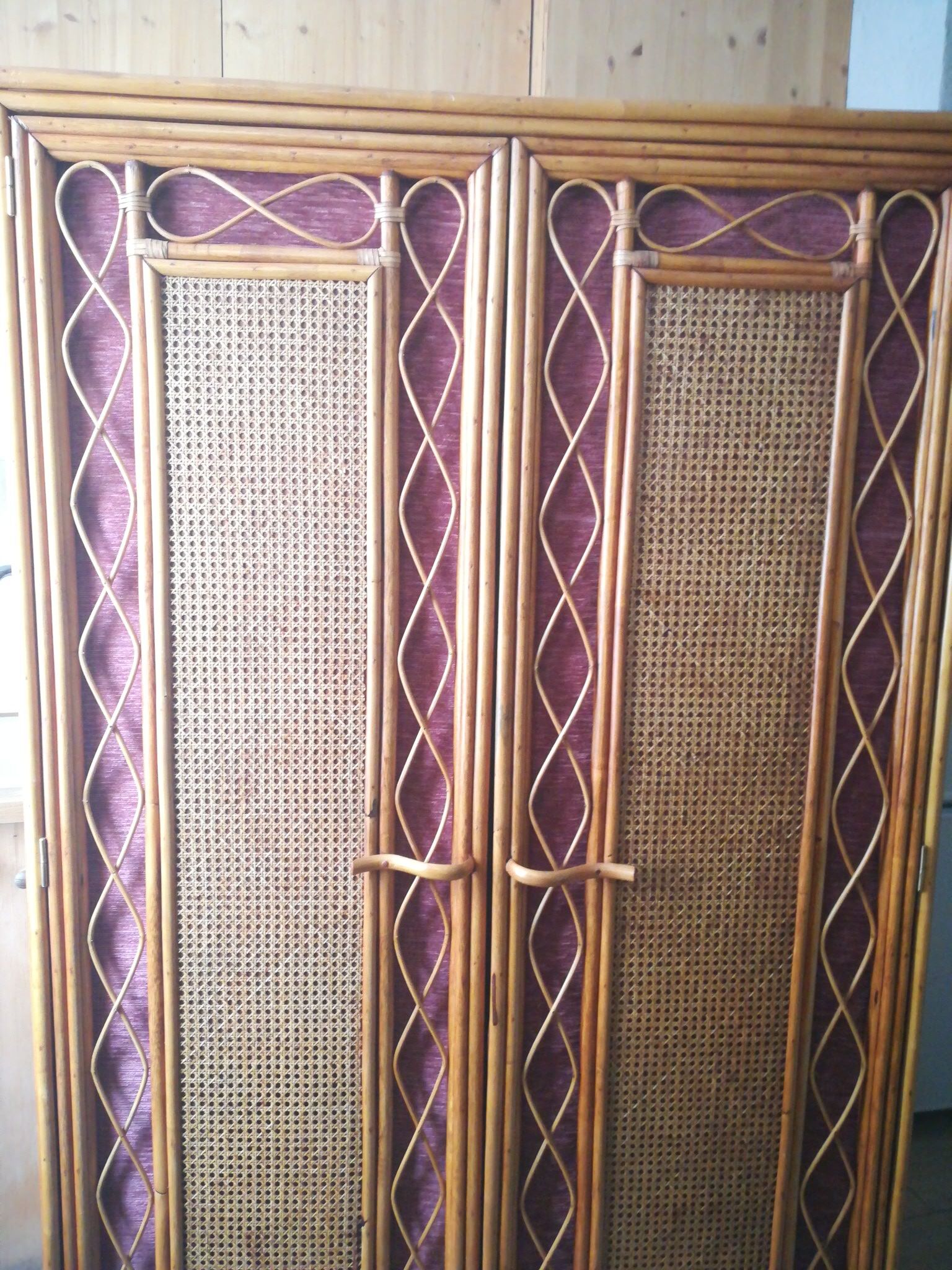 Wardrobe in rattan, caning and velvet