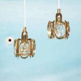 Vintage brass and crystal suspension Palwa, mid-century suspension.
