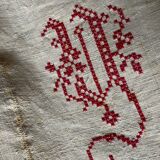 Nappe en toile de chanvre brut 19e brodée XXL