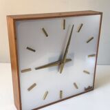 Large electric office clock vintage brass and wood Annees 60