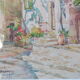 Aquarelle de Louis Houpin : rue du four falicon alpes maritimes 06, réencadrée bois et or