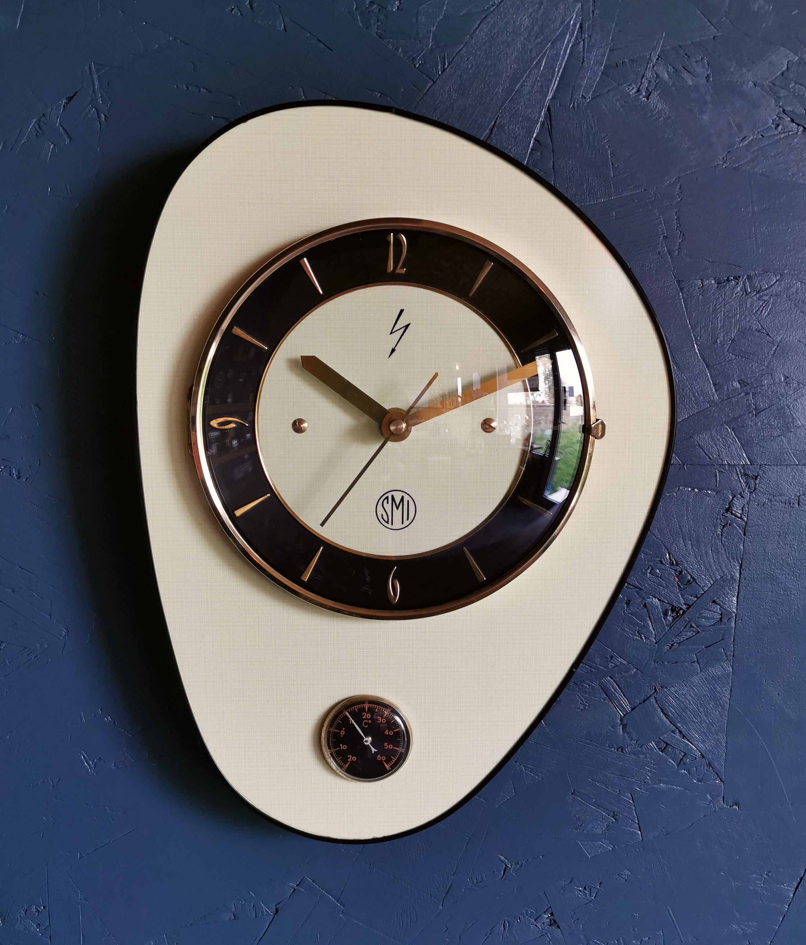 Vintage formica clock asymmetrical silent wall clock "SMI yellow black"