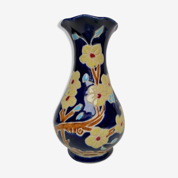 Vase grès émaillé japonisant fleurs fond bleu