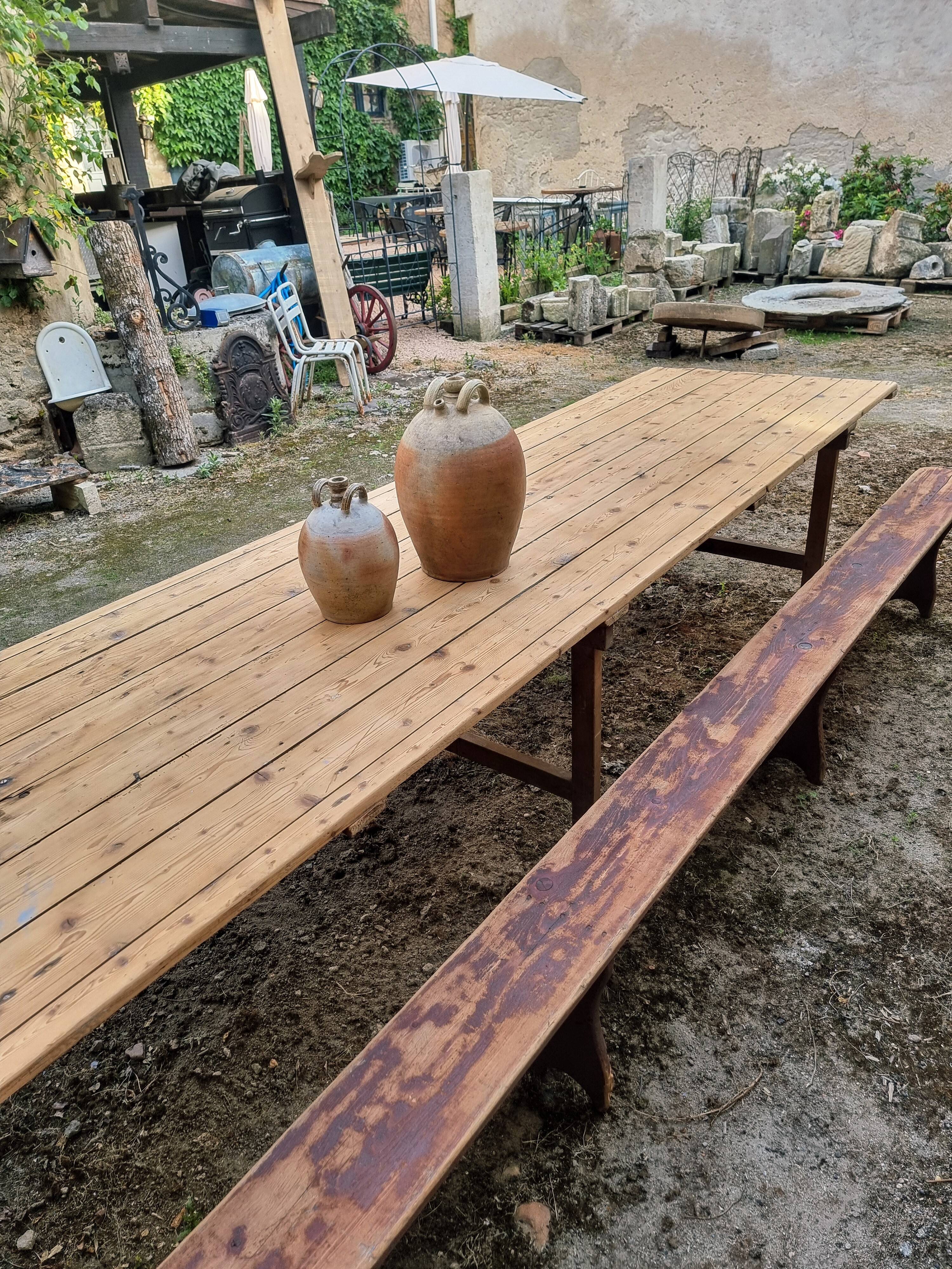 French antique garden dining table – XXL wine table with benches