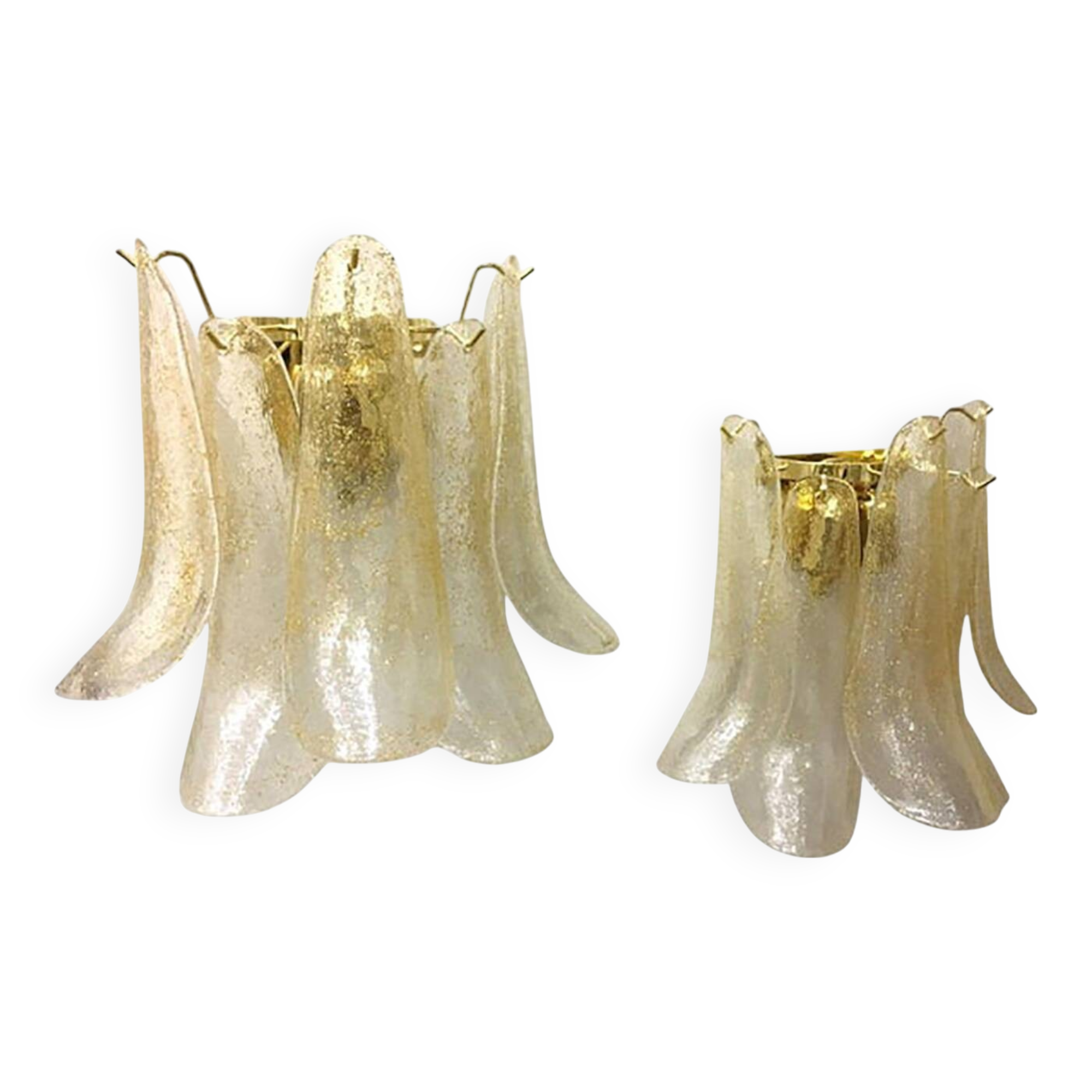 Set of 2 Clear-Gold “Petali” Murano Glass Wall Sconces in Vintage Style