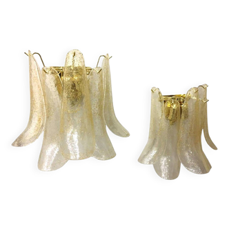 Set of 2 Clear-Gold “Petali” Murano Glass Wall Sconces in Vintage Style