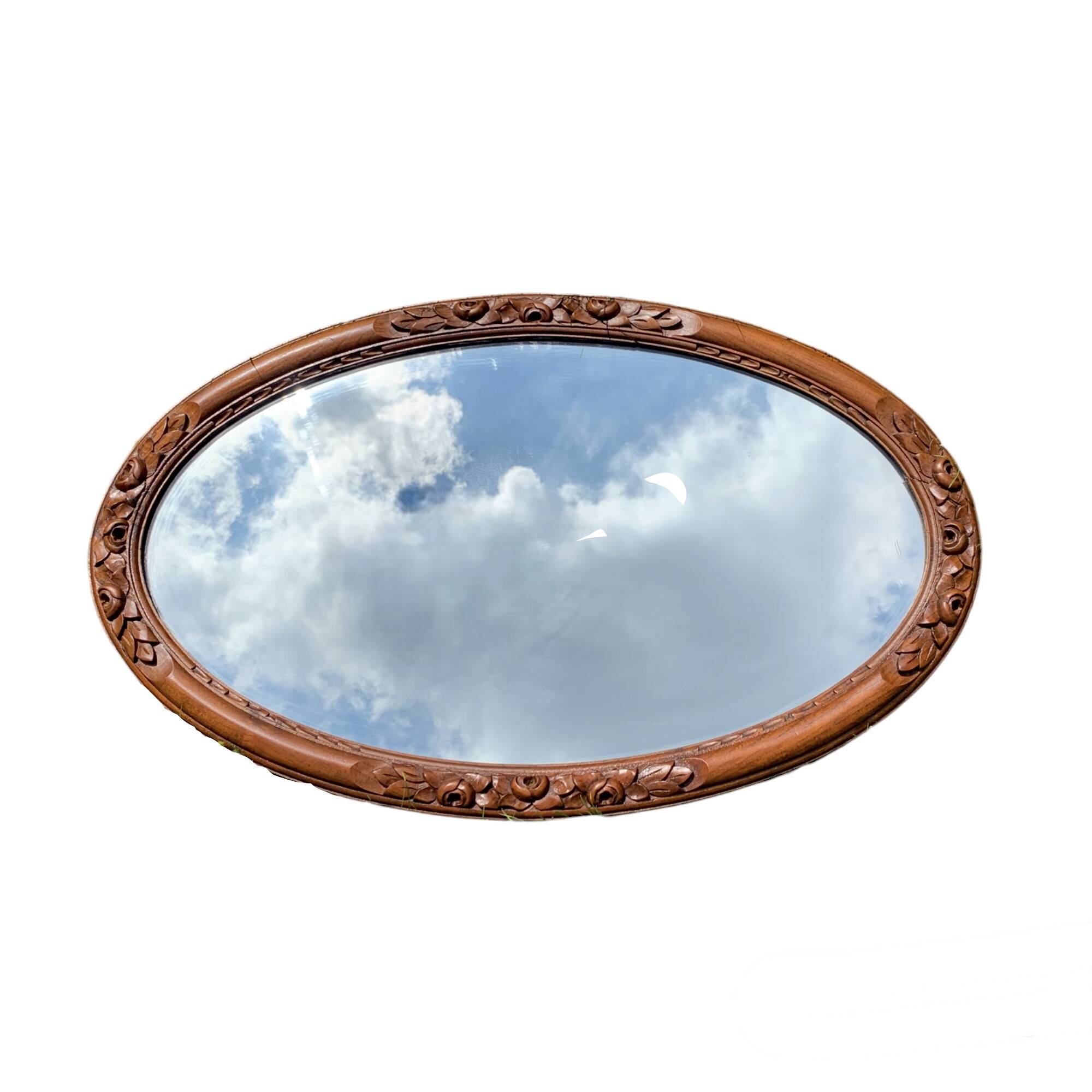 Large Art Deco oval mirror in carved wood - 87 x 53 cm