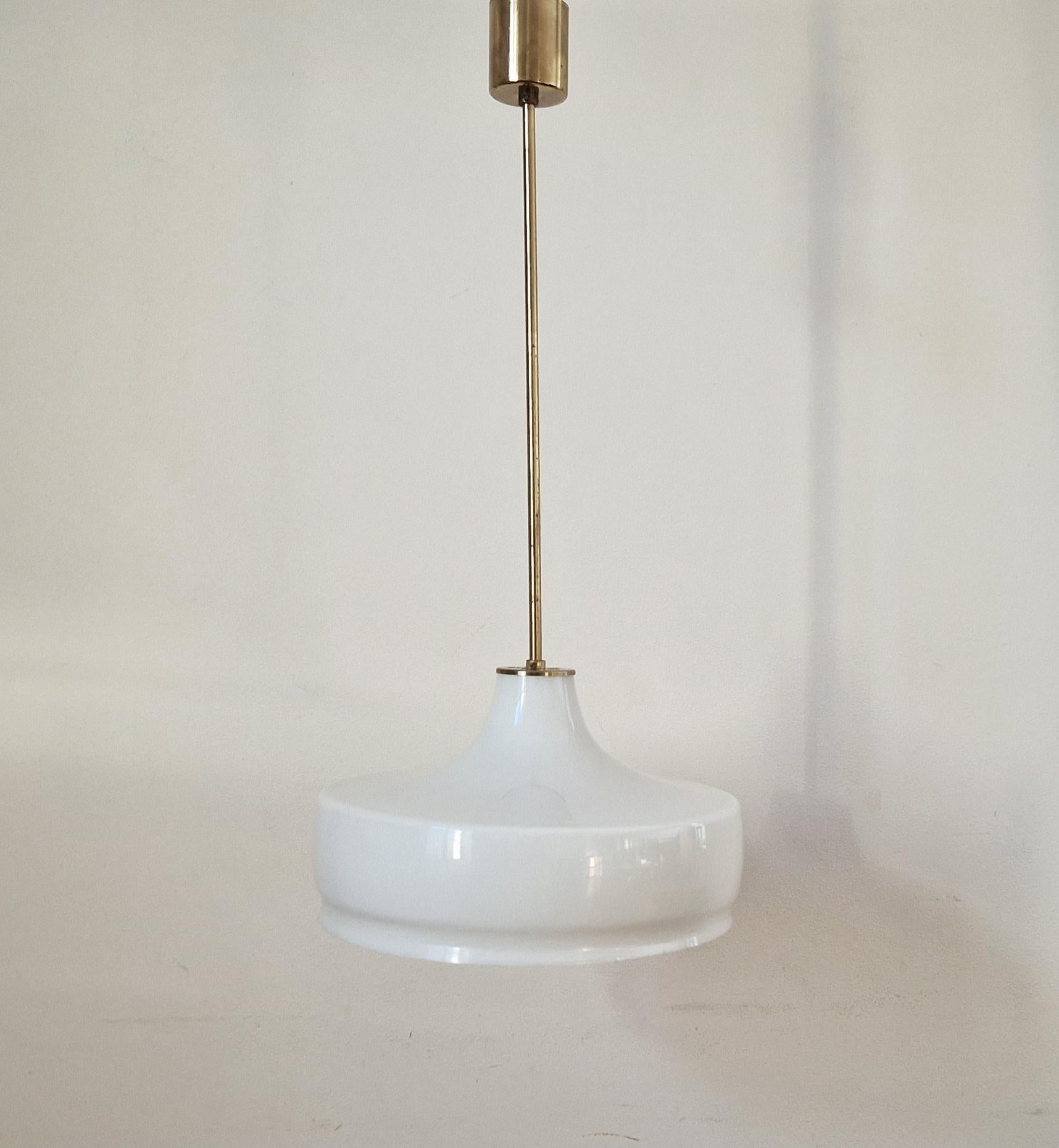 Rare Midcentury Brass and Milk Glass Pendant Kamenicky Senov, 1970s