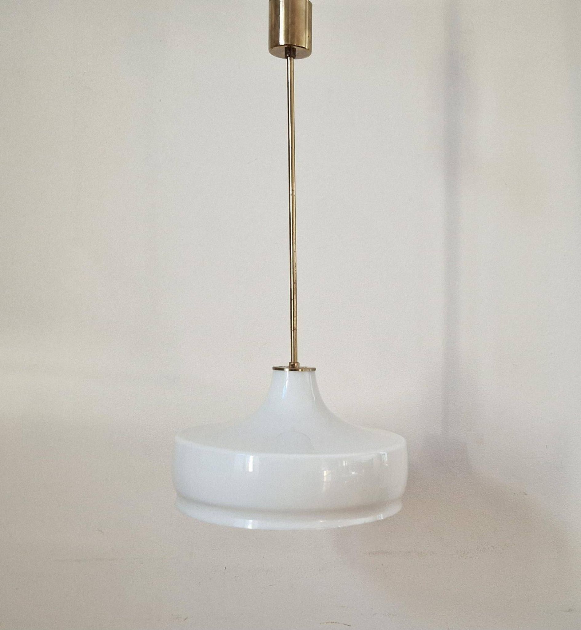 Rare Midcentury Brass and Milk Glass Pendant Kamenicky Senov, 1970s