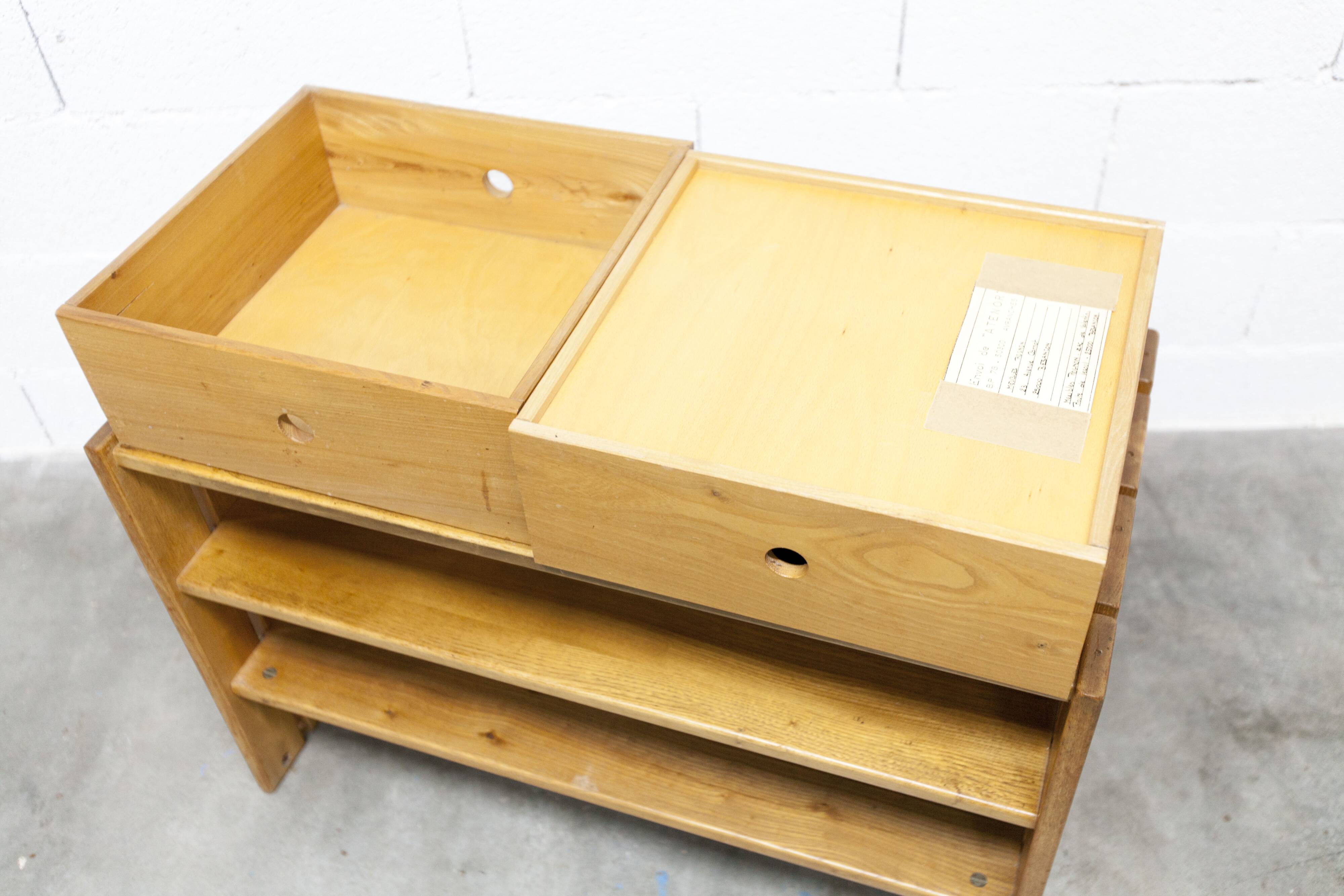 Low cabinet from Maison Regain, solid elm, circa 1960, with drawer