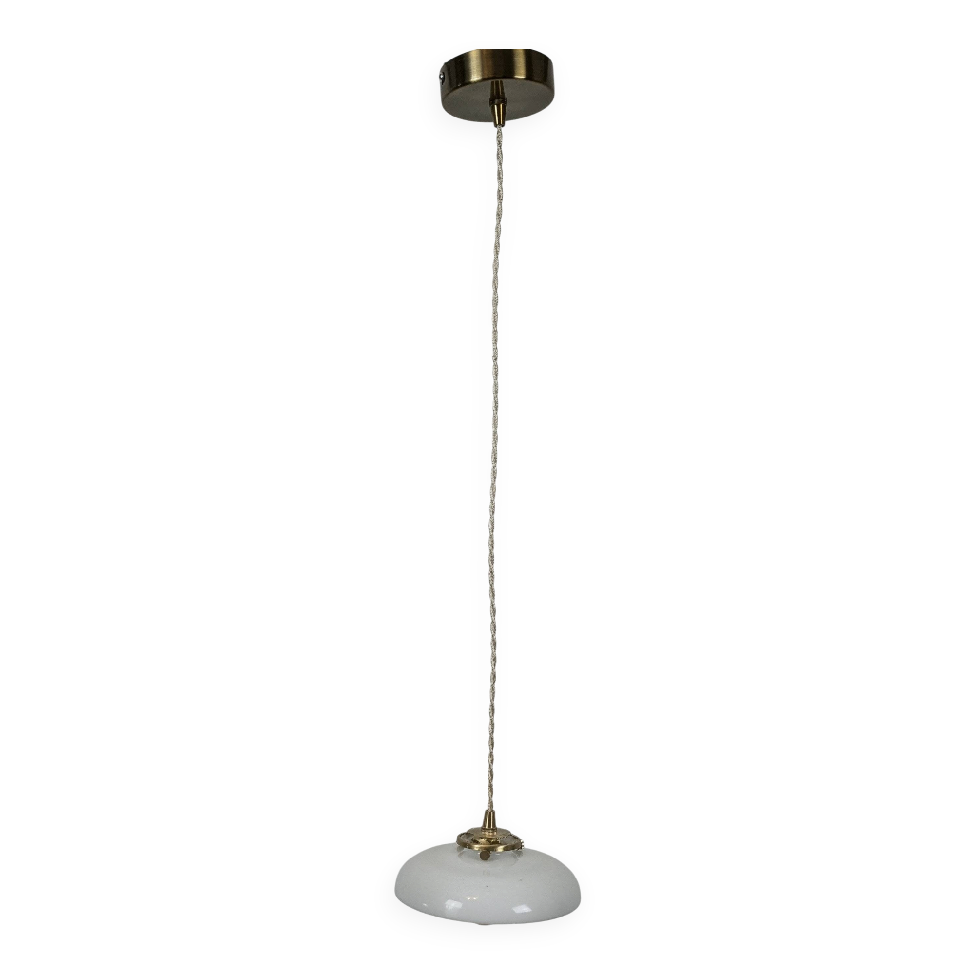 Vintage suspension in white opaline with a bulged shape – 1960s lampshade, brass.