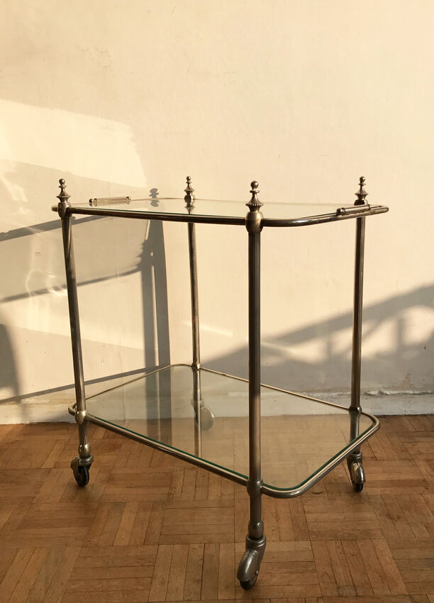 Desserte roulante en verre et acier chromé