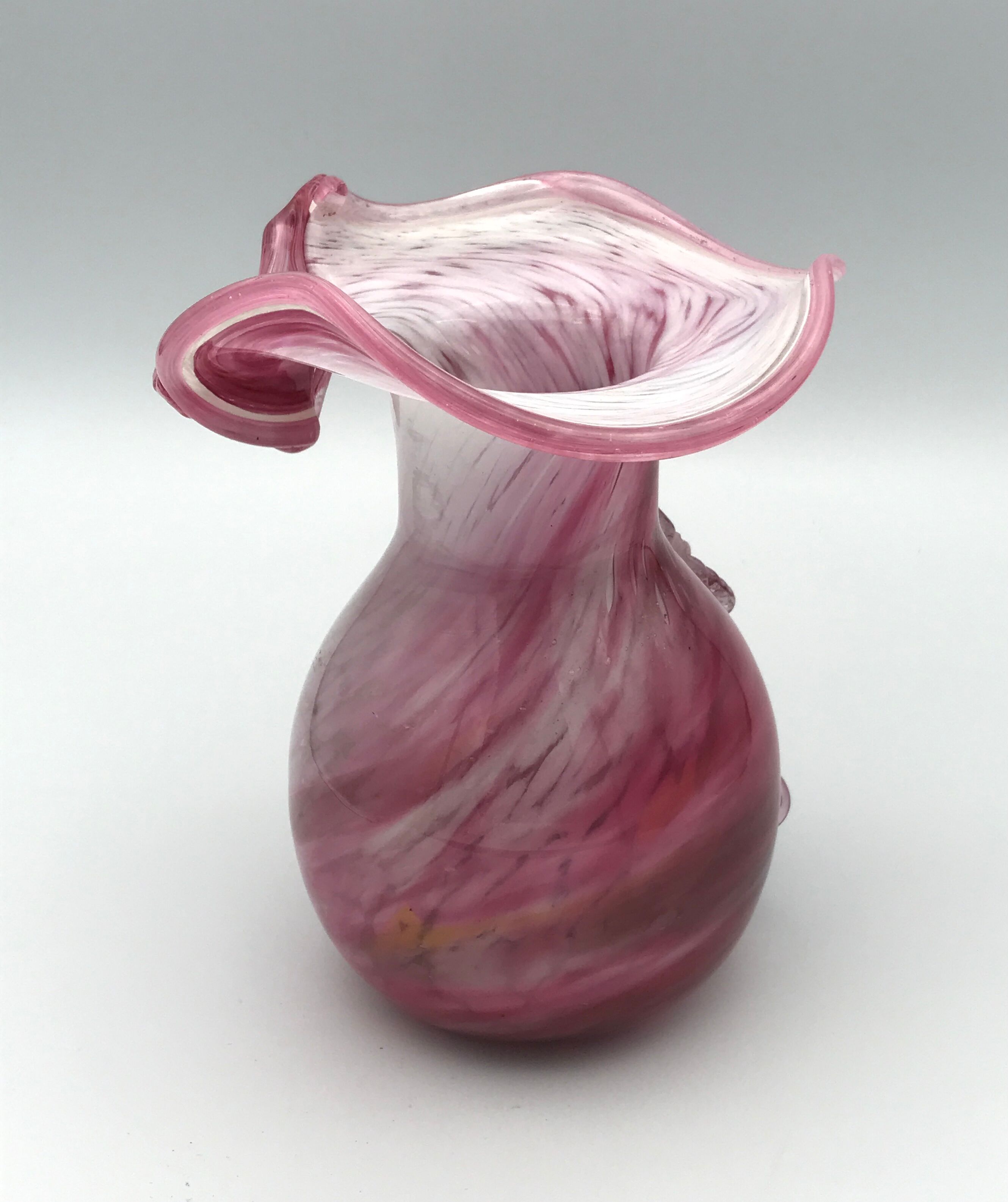 Hand-blown glass vase pink shade with sculptural leaf decor