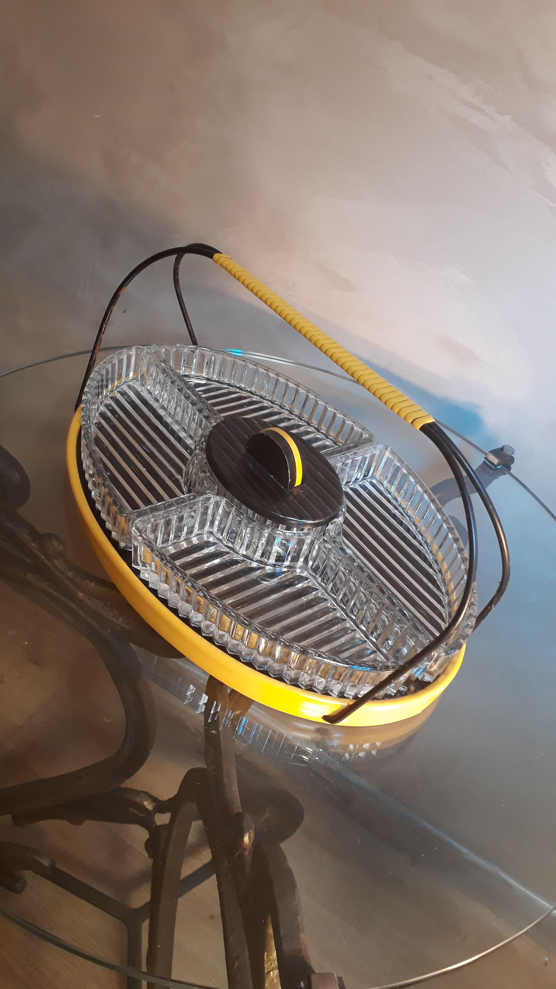 Vintage apero tray, moulded glass, wood and black steel, mirror some natural wear stains.