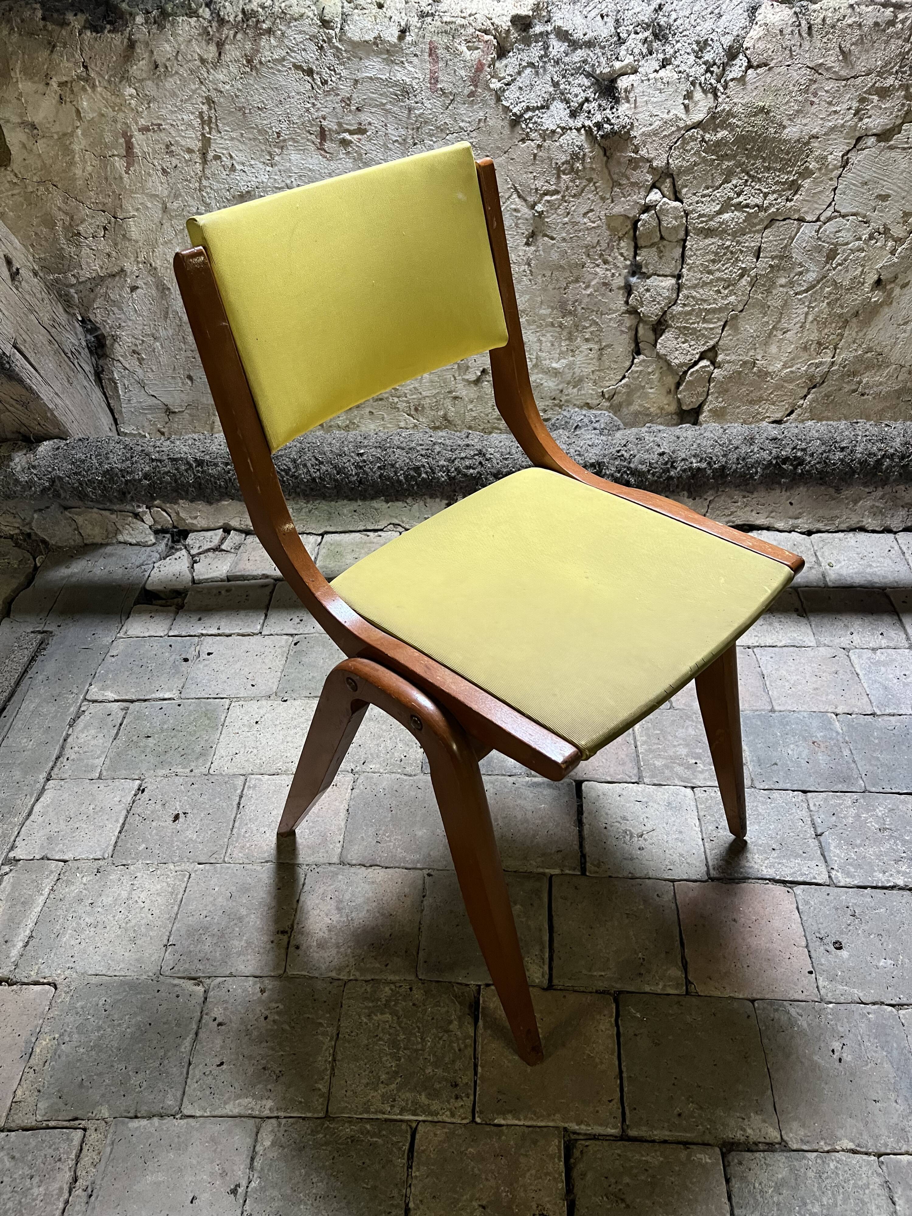 Vintage modernist chair in curved wood and yellow leatherette - 50s/60s
