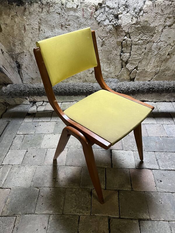 Chaise vintage moderniste en bois courbé et skai jaune - Années 50/60