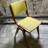 Vintage modernist chair in curved wood and yellow leatherette - 50s/60s
