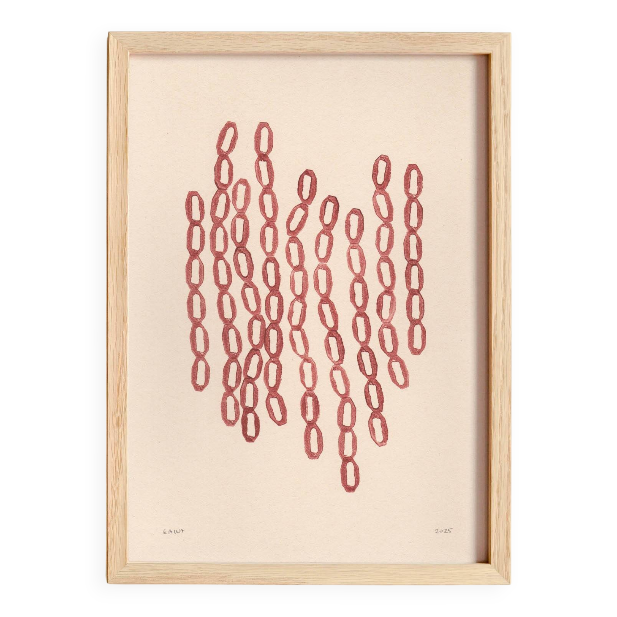 Abstract painting on framed paper signed Eawy dark red colour.