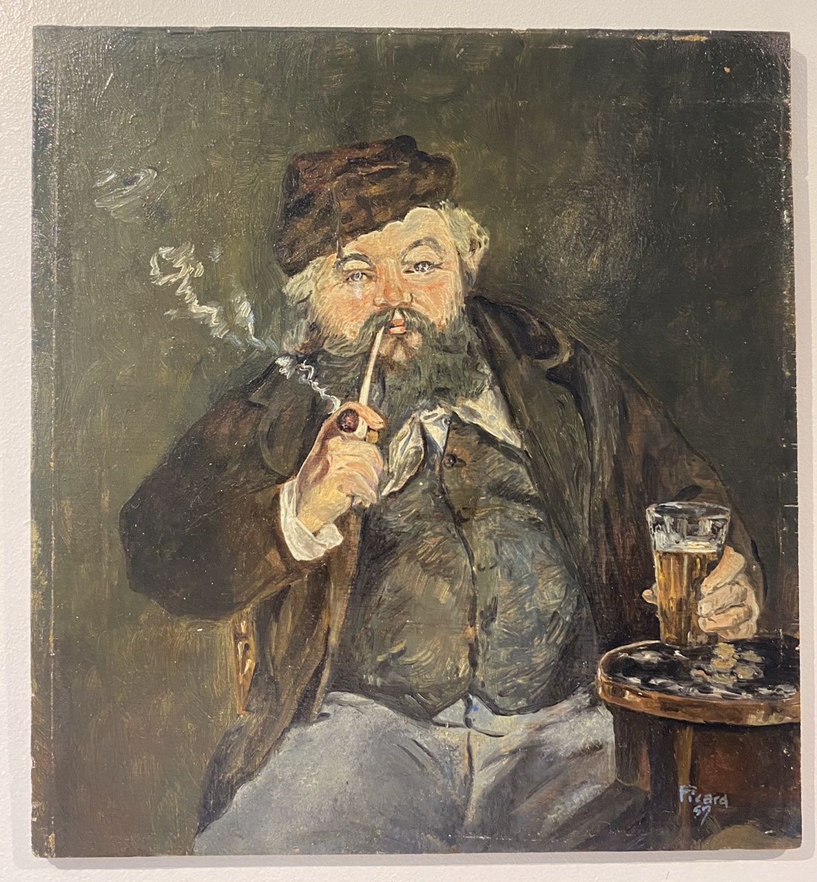Old painting, portrait of a man with a pipe, signed and dated 57