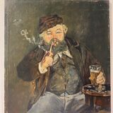 Old painting, portrait of a man with a pipe, signed and dated 57