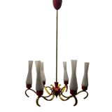 Lustre vintage en verre opalin et laiton 1950