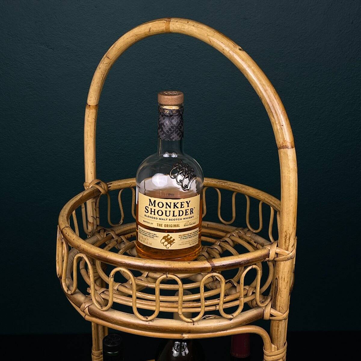 Vintage round service trolley in bamboo and rattan, 1960s