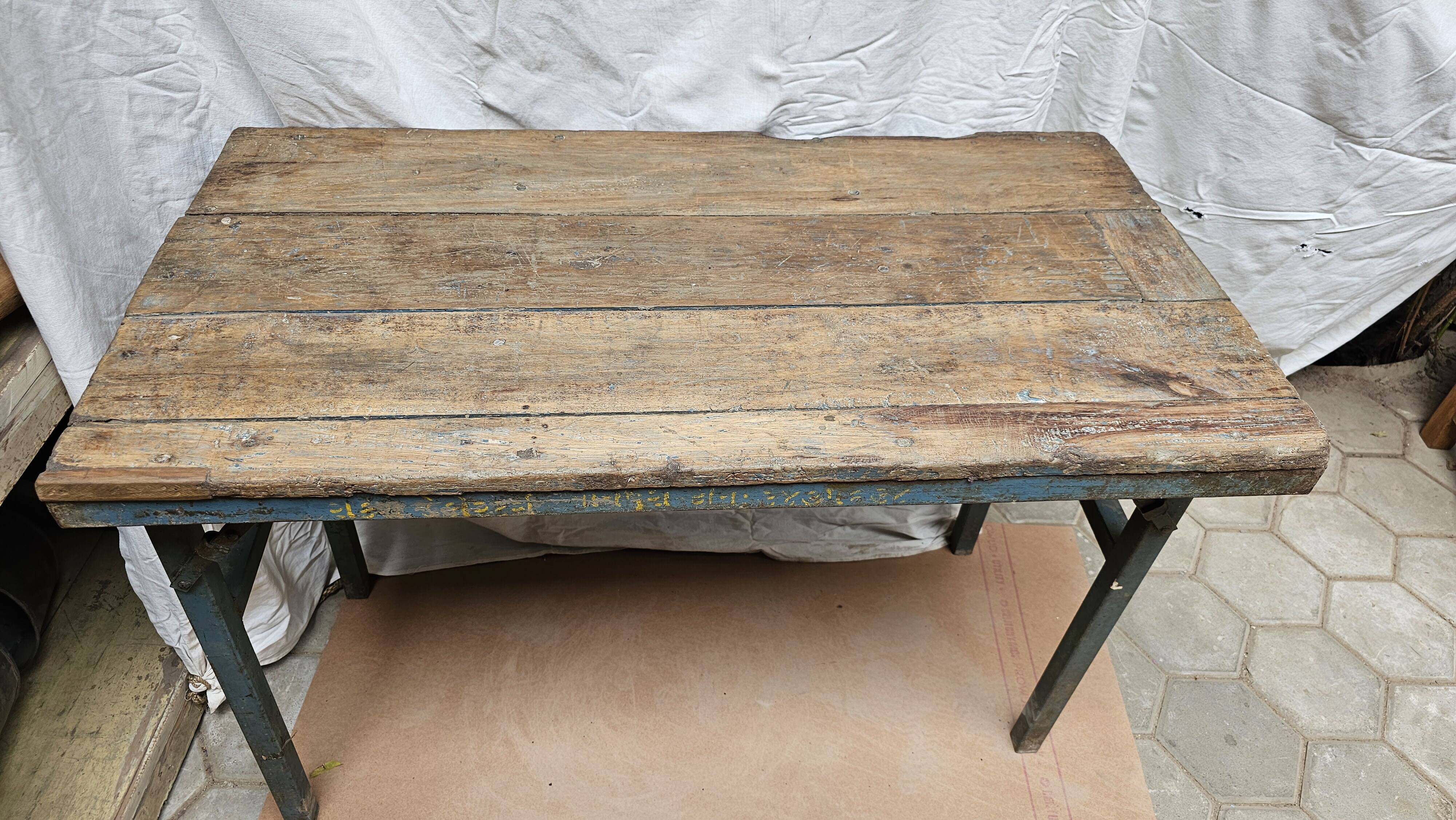 Folding workshop table in teak and wrought iron