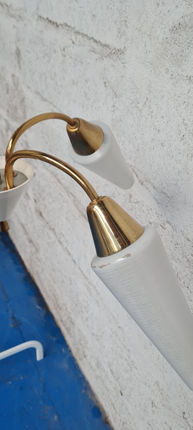 Brass and white opaline chandelier