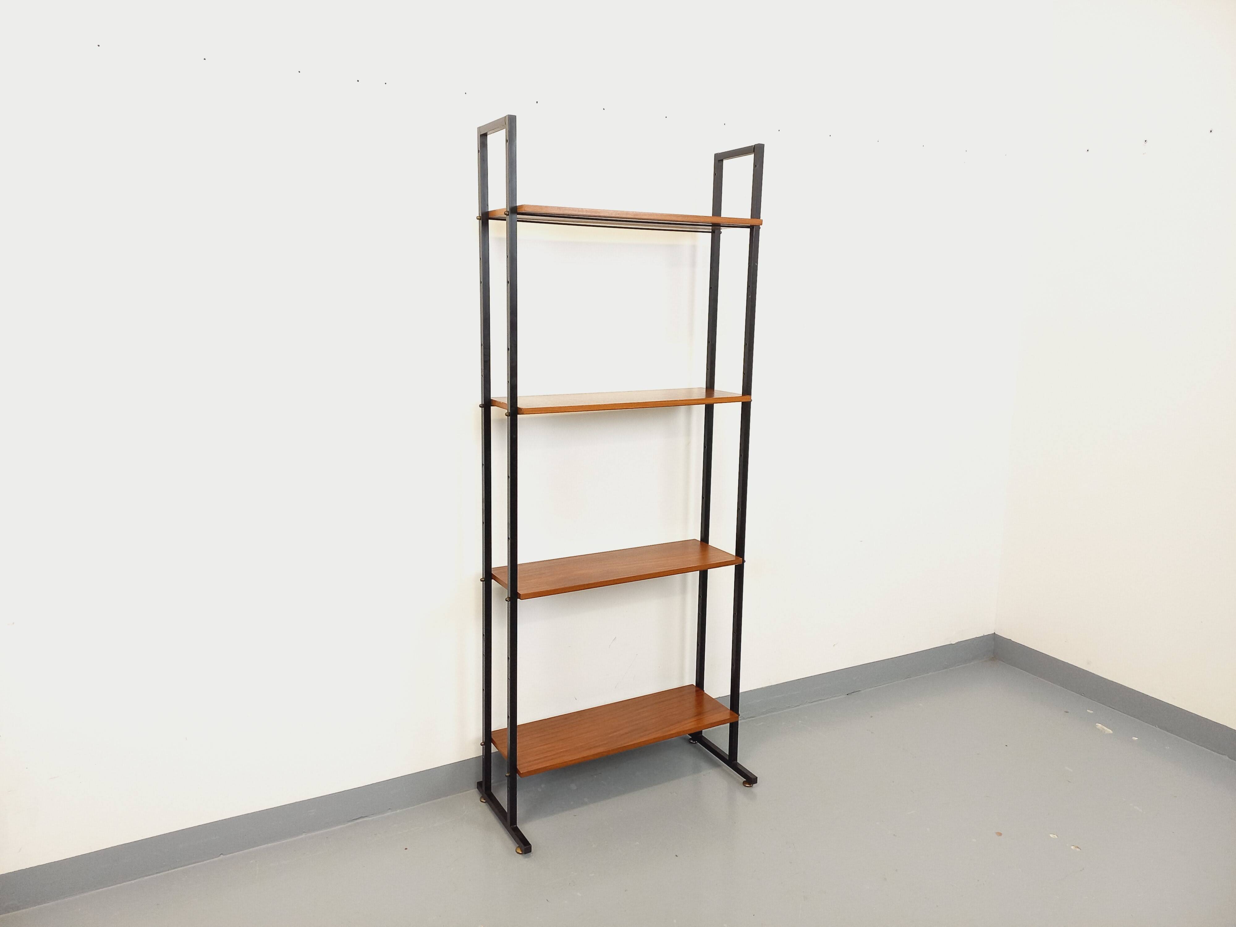 Vintage Italian modular teak and metal bookcase