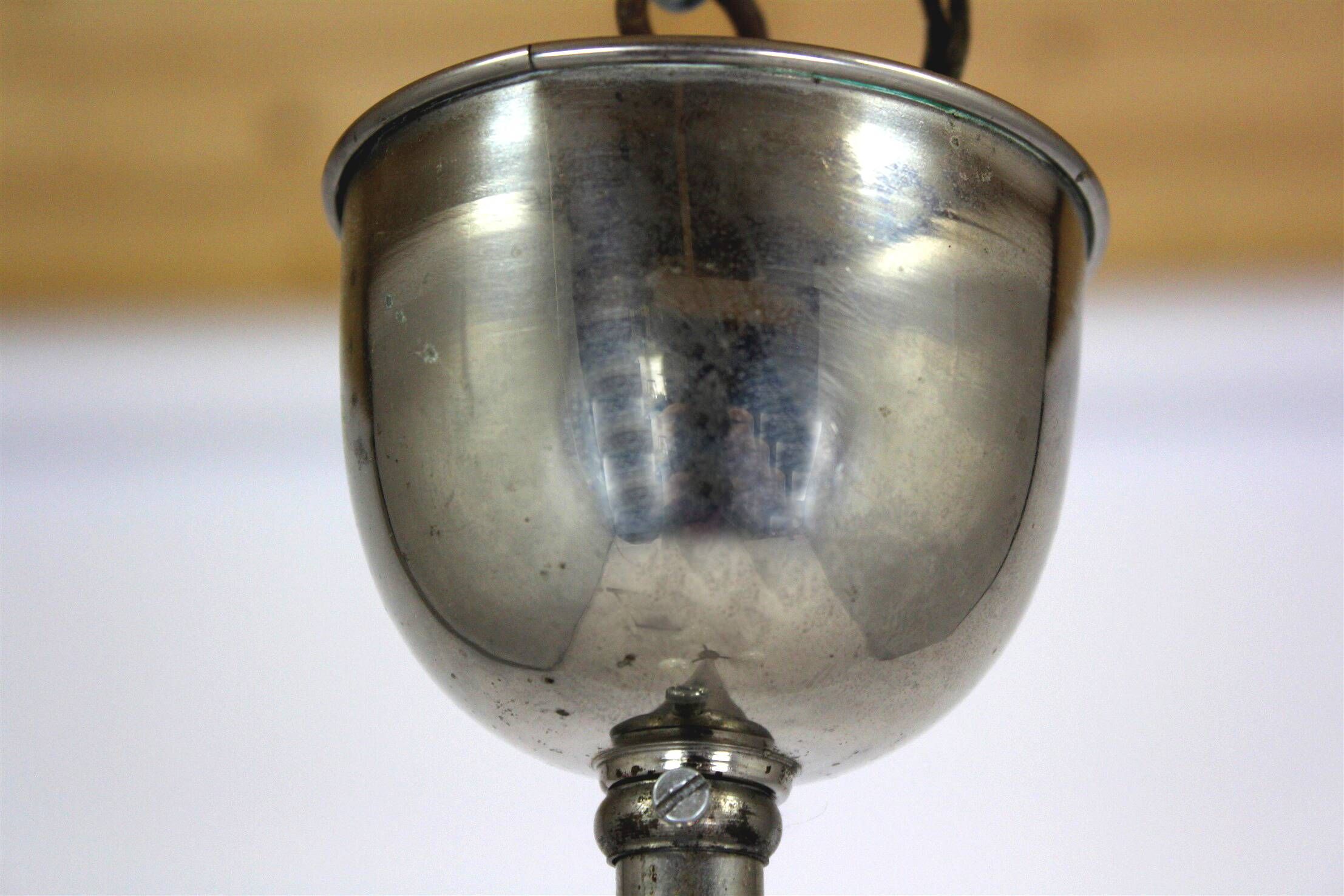 Vintage Czech Bauhaus style pendant light, tall, with opaline glass globes, 1940s