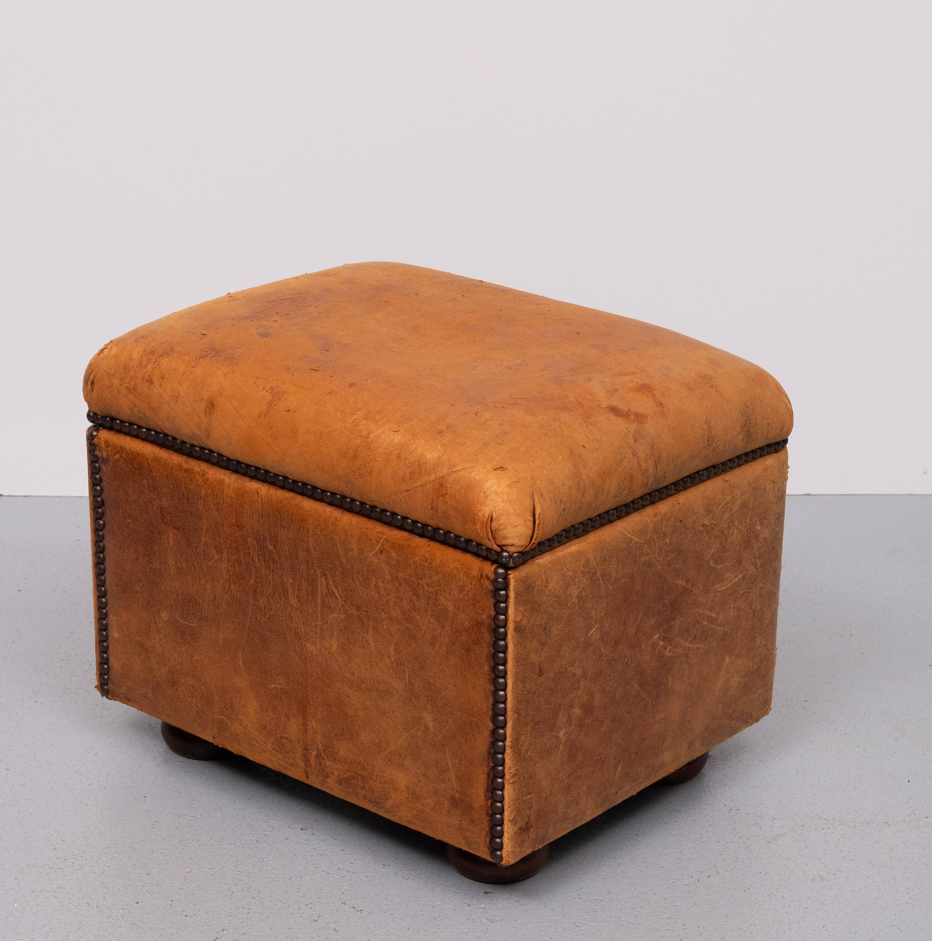 Sheepskin Leather pouf or Ottoman with storage 1970s
