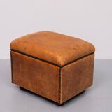 Sheepskin Leather pouf or Ottoman with storage 1970s