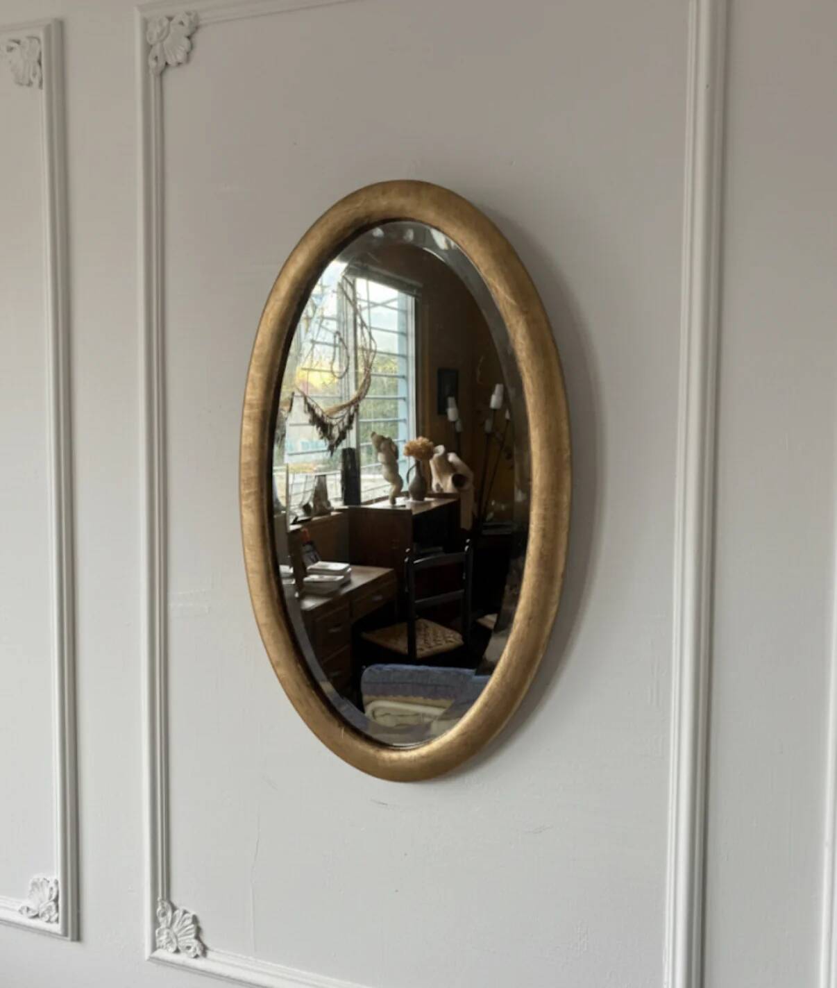 Miroir doré ovale ancien glace biseautée