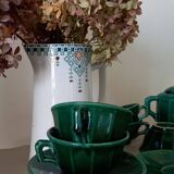 Iridescent green tea or coffee service in Lunéville K&G earthenware. 6 cups and an Art Deco sugar bowl