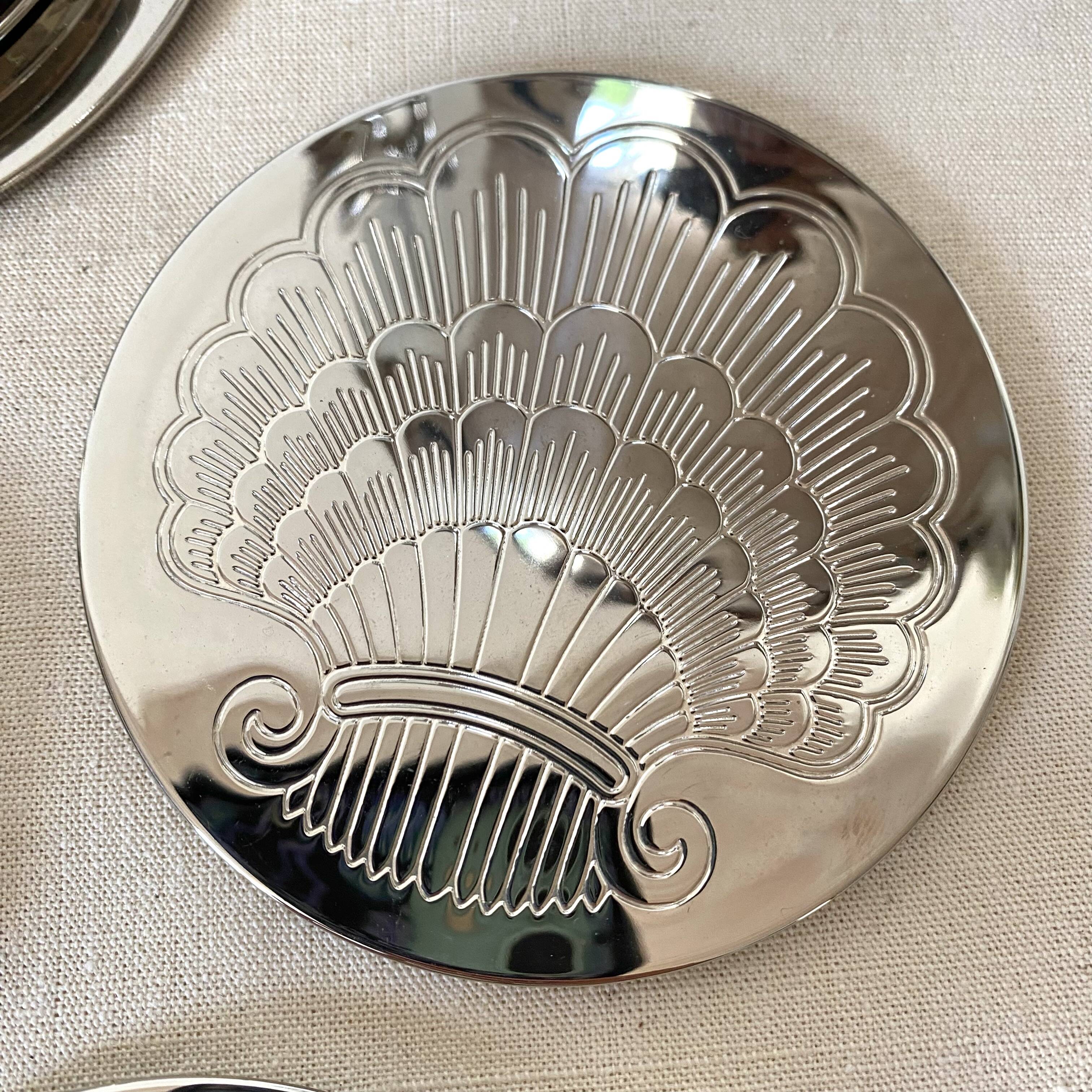Silver coaster and holder, shell, 80s