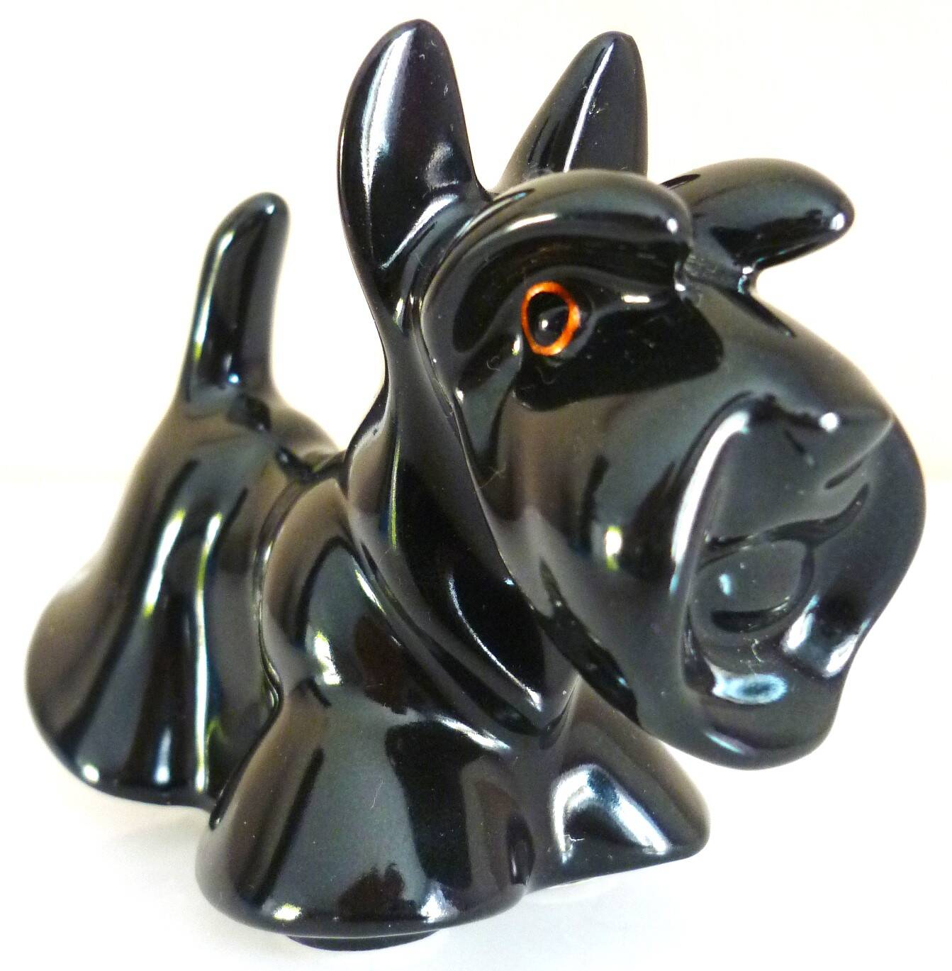 Salt and pepper shakers, glazed ceramic, Scottish terrier dog, signed