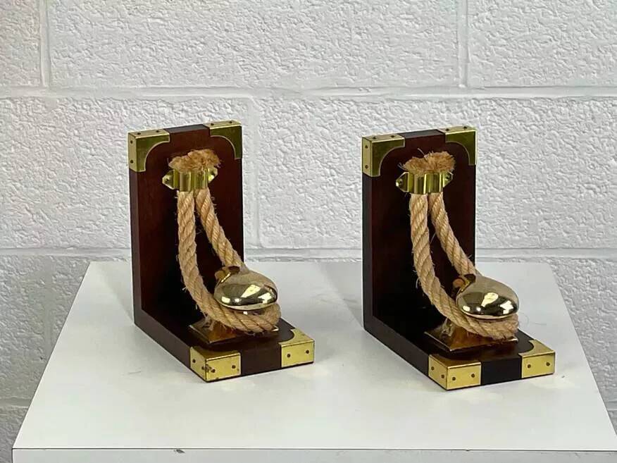 Pair of antique wooden and brass bookends