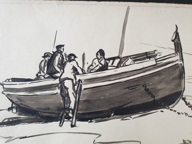 André Duculty (1912-1990) Wash of black ink on paper "Pécheurs à Collioure" Signed below