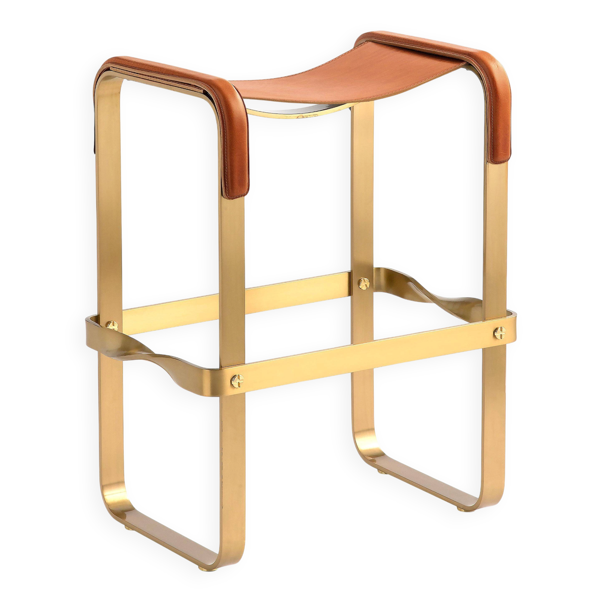 Contemporary Bar Stool Metal Aged Brass Natural Tobacco Leather