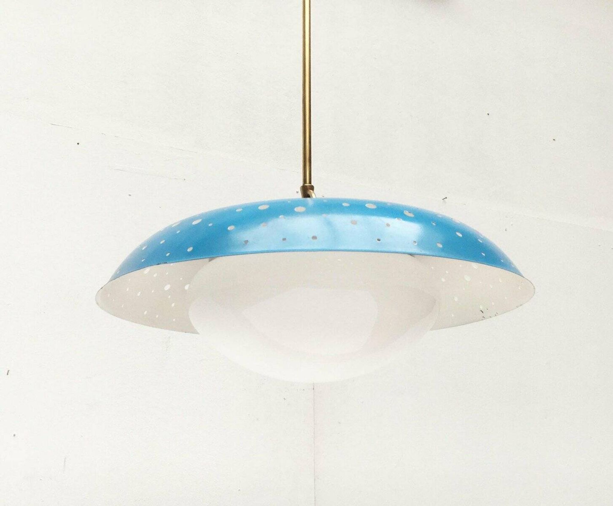Perforated metal pendant lamp in mid-century style attributed to Ernest Igl for Hillebrand Leuchten, 1960s.