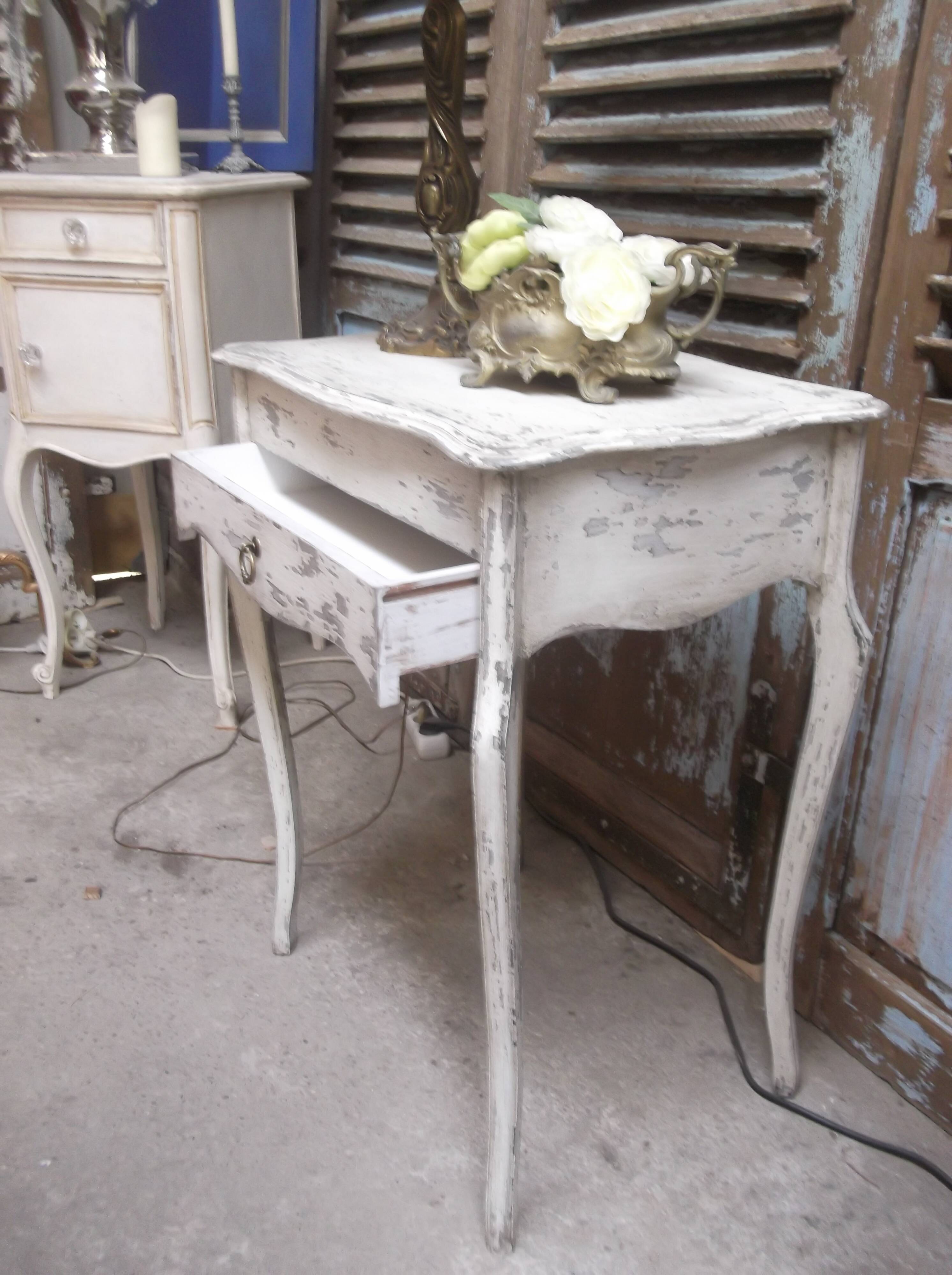 Small side table with walnut storage, patinated white shabby chipped